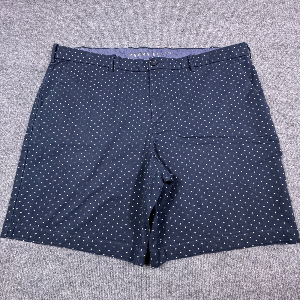 Perry Ellis Mens Navy Blue Geometric Print Stretch‎ Shorts Size 42 Flat Front